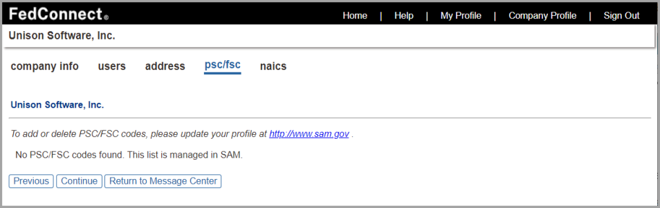 This is a picture of the PSC FSC page in the FedConnect product.